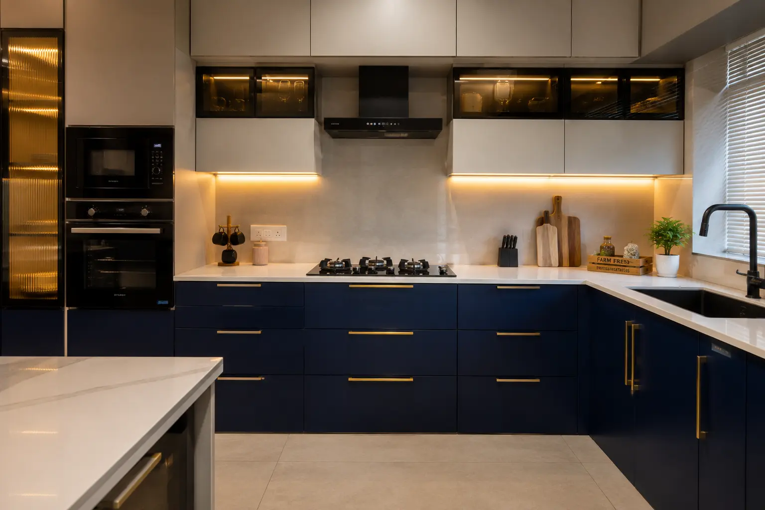 Modern kitchen with navy accents